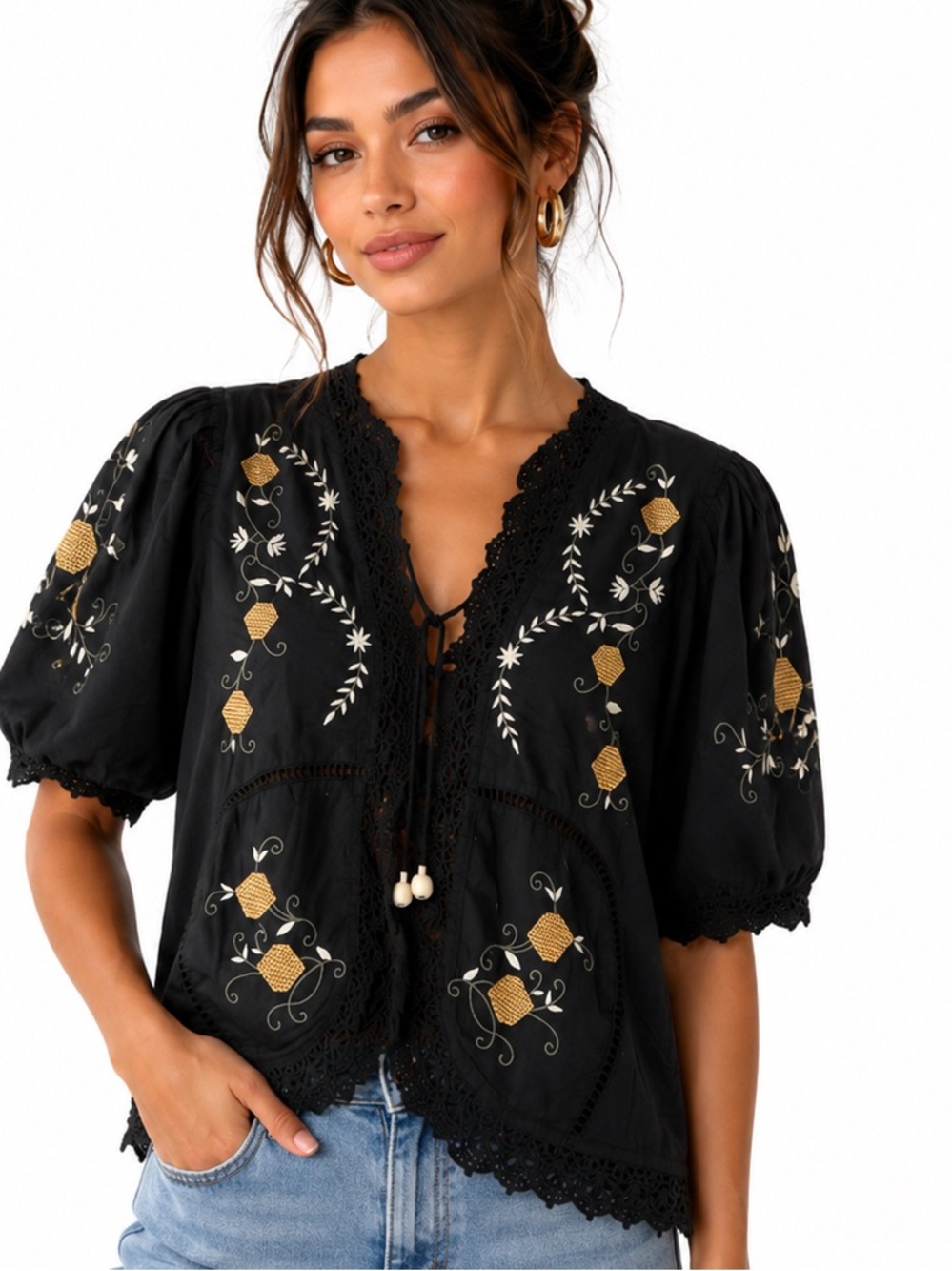 004.New Embroidered Black Peasant Blouse  %100 Cotton